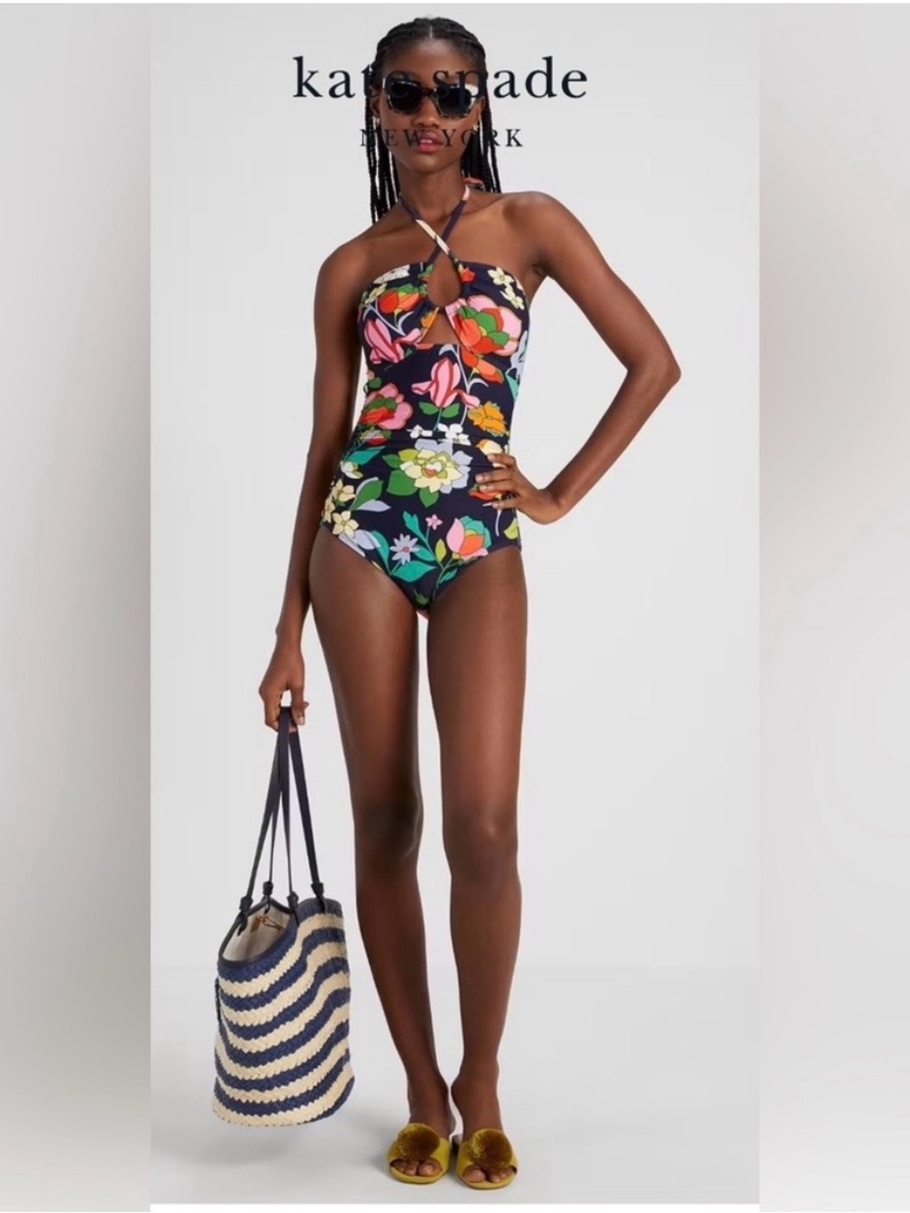 kate spade women’s Navy Floral Halter One-Piece Swimsuit EUC size M
